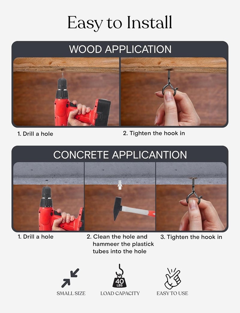 brightech String Light Screw Hooks - Ceiling Hooks for Hanging Solar, Plug-in Lights, Outdoor String Lights - Q Hooks with Safety Buckle Design for Porch, Patio - 32 Pack, Black, AMB-HKS-32 - Image 5